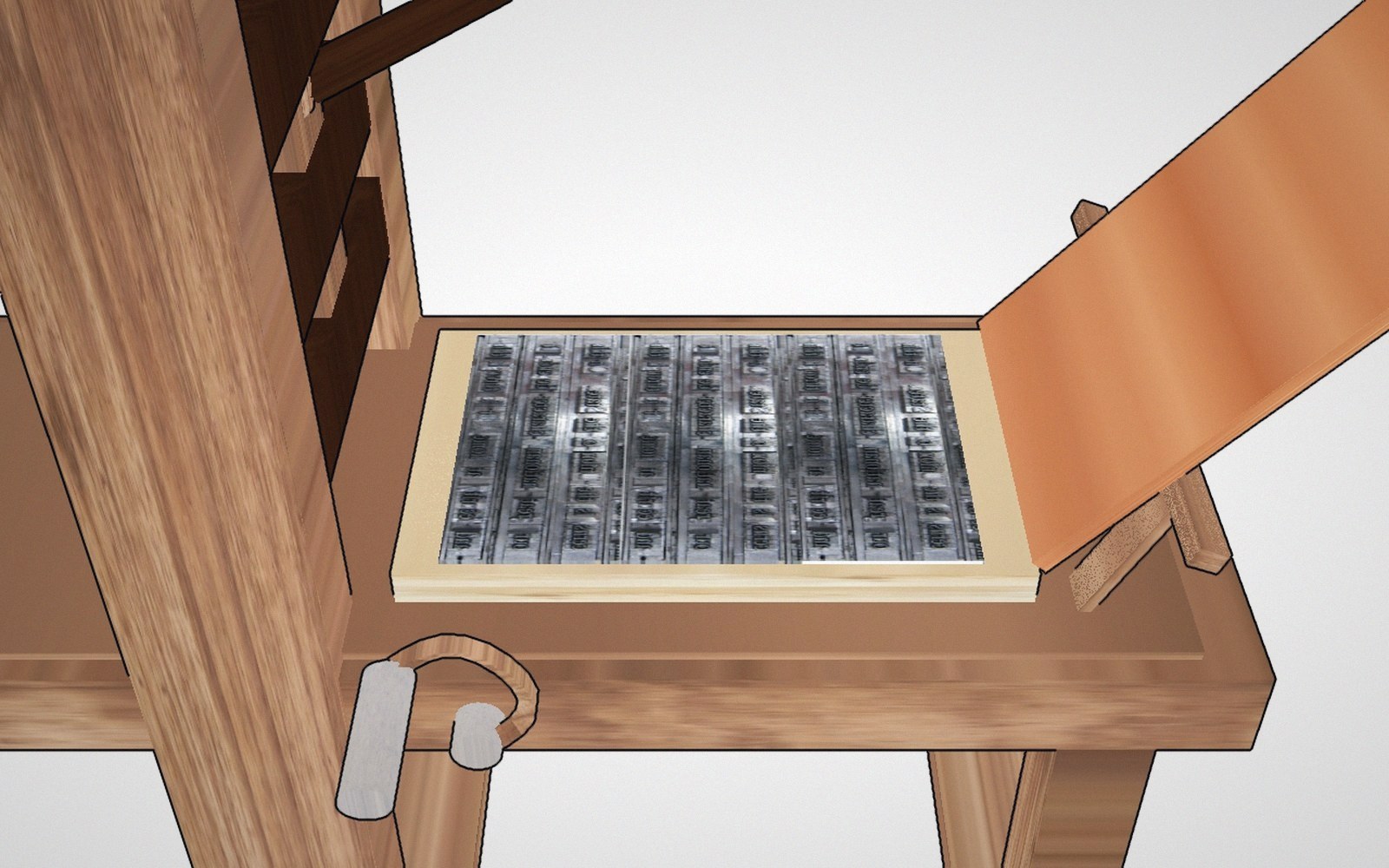 A locked forme of metal type, quoins tightened